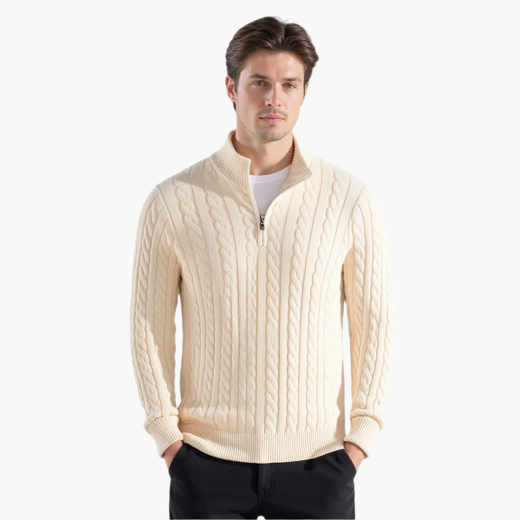 ENZO ELEVATED CABLE ZIP SWEATER